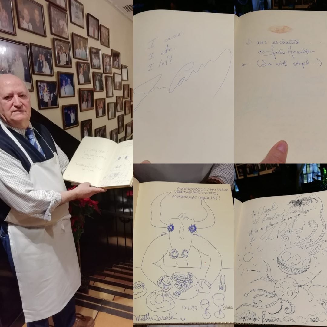 Ángel González con algunas de las firmas que hay en el libro de visitas. James Cameron (arriba izquierda), Linda Hamilton (arriba derecha), Matthew Modine (Abajo izquierda) y Tim Burton (Abajo derecha)