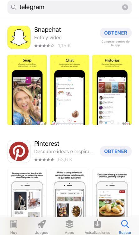 Resultados en la App Store tras buscar la aplicación &#039;Telegram&#039;.