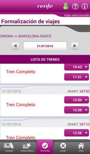 Situació en la que es troben els usuaris que volen comprar un bitllet de Girona a Barcelona a la app de Renfe.
