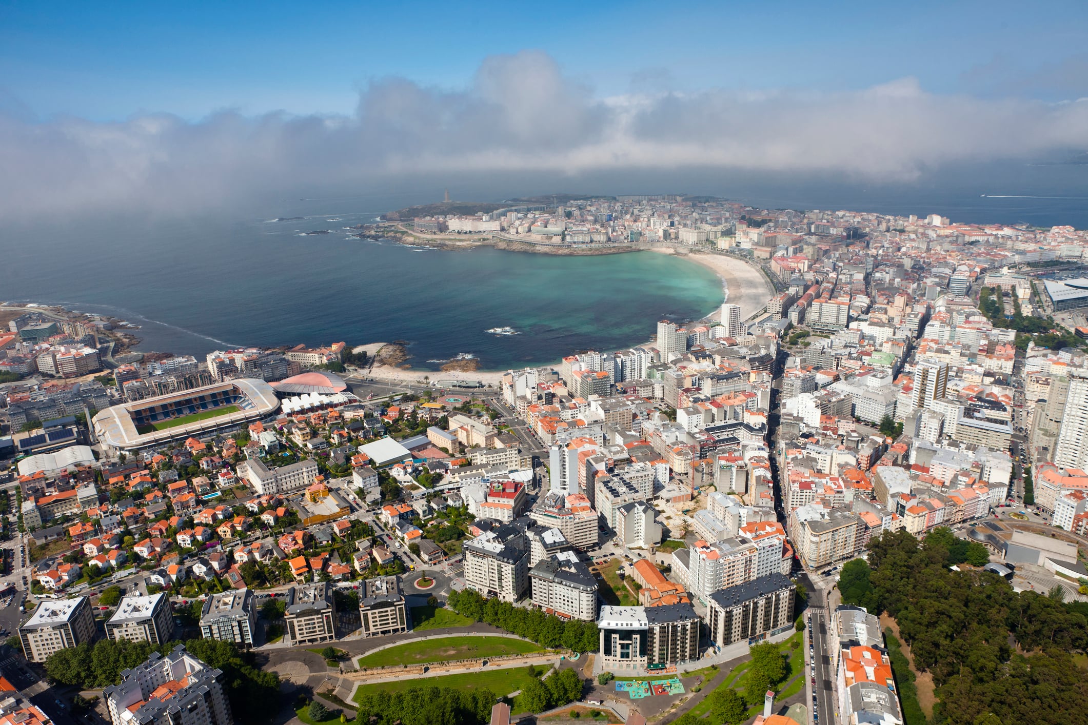 Aerial view of A Coruña with the beaches of Riazor and Orzán.