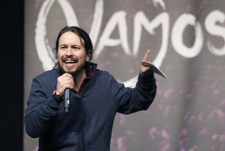 El líder de Podemos, Pablo Iglesias, durante la clausura de la II Asamblea Estatal de Vamos!, que el partido ha celebrado esta mañana en la sede de Comisiones Obreras (CC.OO.) en Madrid