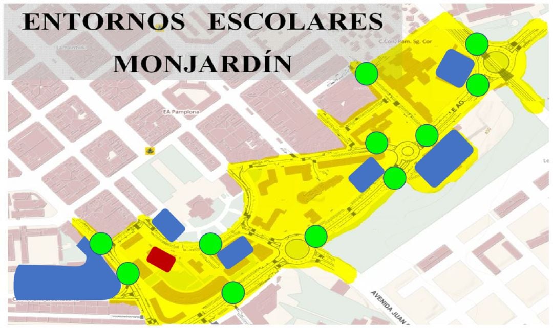 En verde: pasos de peatones en los que se va a actuar. En azul, centros escolares y en rojo el centro de salud