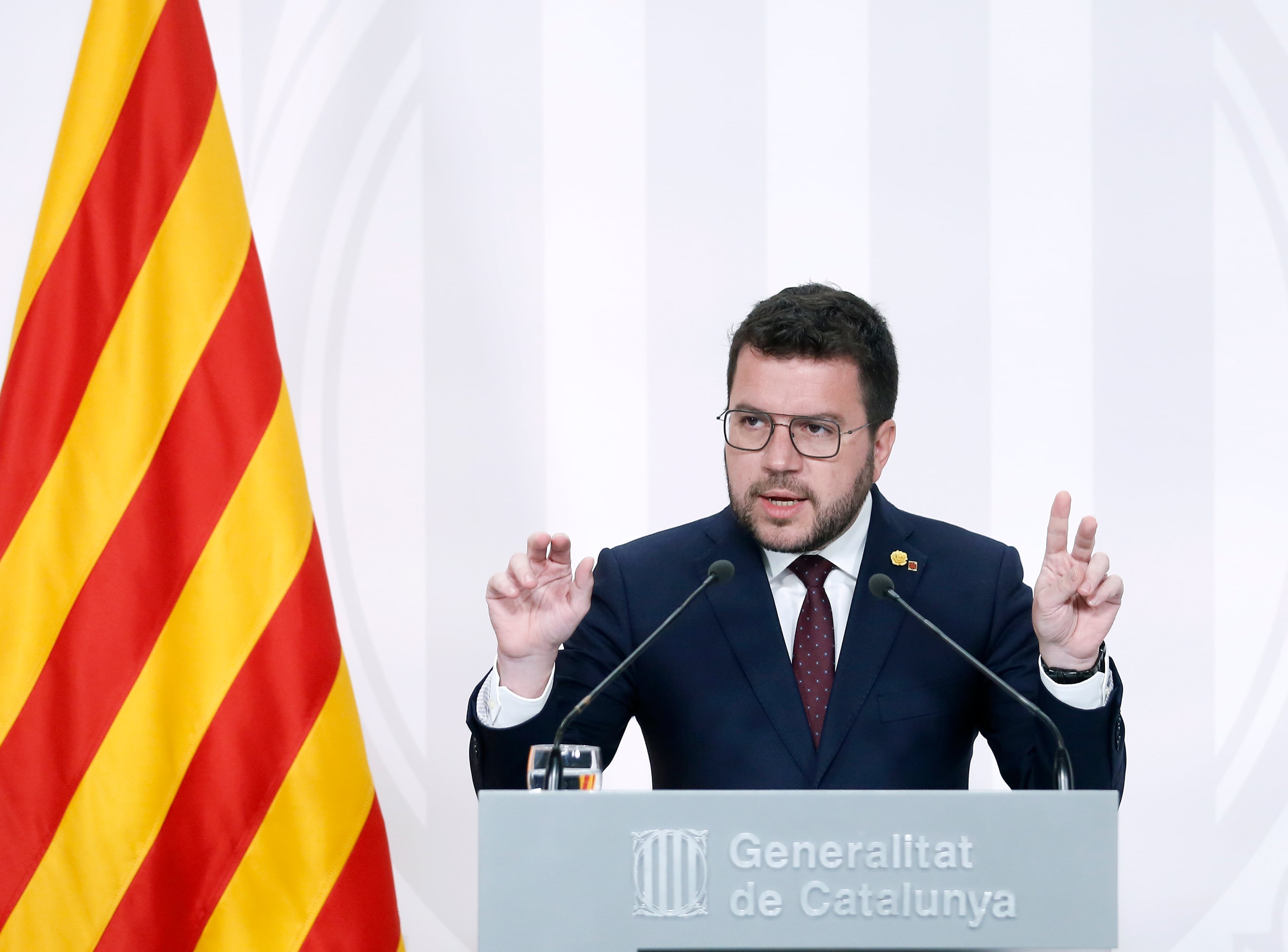 El presidente de la Generalitat de Cataluña, Pere Aragonès, durante la rueda de prensa después de la reunión semanal del gobierno catalán.