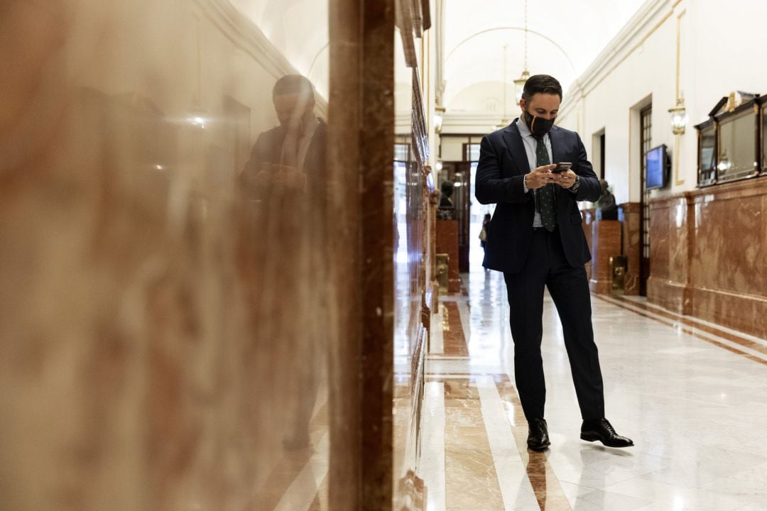 El presidente de Vox, Santiago Abascal, consulta su teléfono móvil antes del inicio de una sesión plenaria en el Congreso, en Madrid (España), a 29 de julio de 2020. 