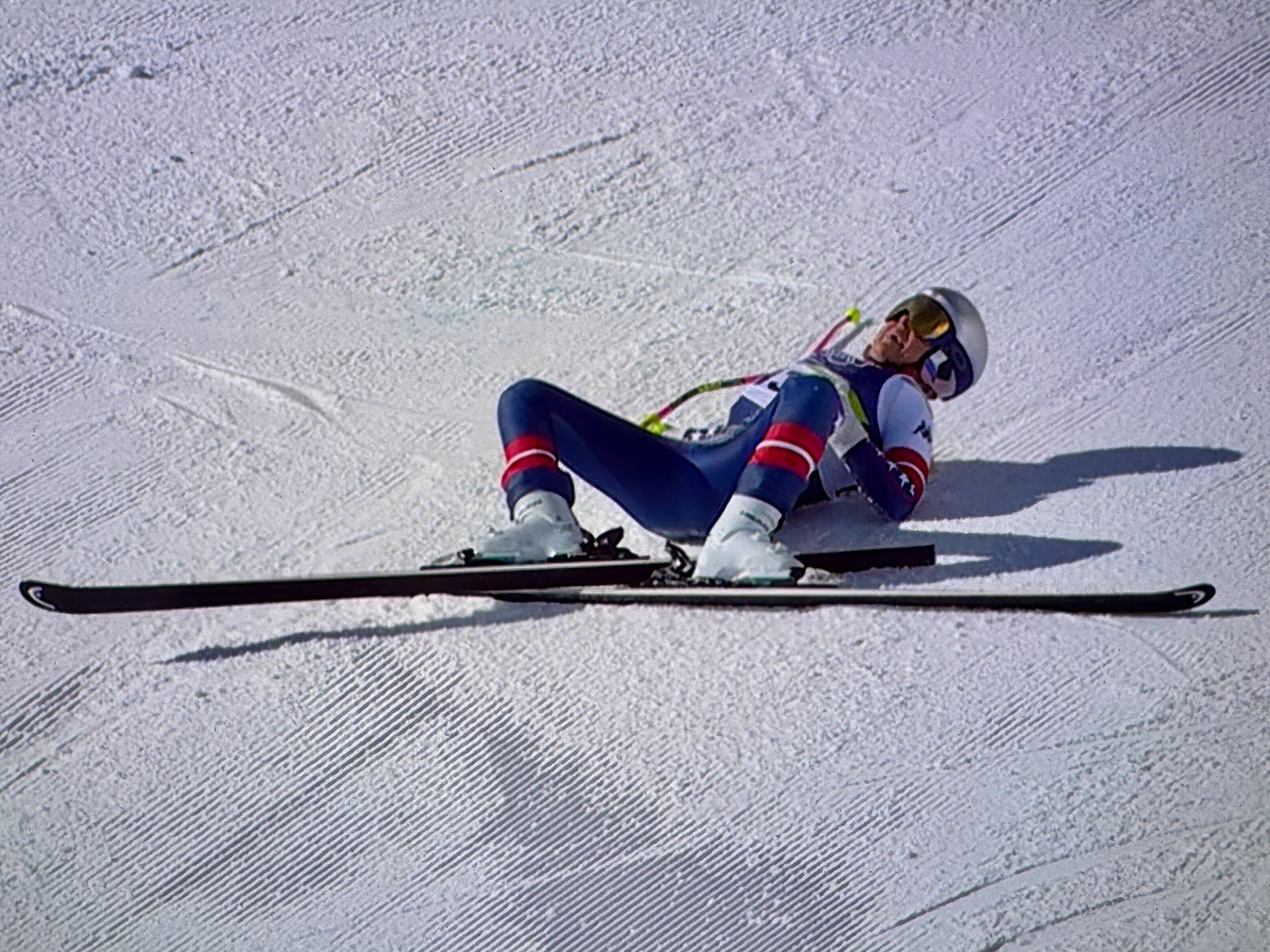 CORTINA D'AMPEZZO, ITALY - FEBRUARY 08: (EDITOR’S NOTE: This Handout image/clip was provided by a third-party organization and may not adhere to Getty Images’ editorial policy.) Lindsey Vonn of Team United States crashes during the Women's Downhill on day two of the Milano Cortina 2026 Winter Olympics at Tofane Alpine Skiing Centre on February 08, 2026 in Cortina d'Ampezzo, Italy. (Screengrab by IOC via Getty Images)