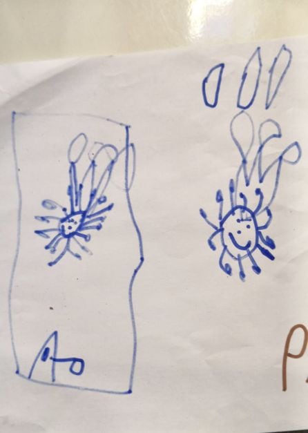 Dibujo de Marcos, 5 años. Venciendo al coronavirus con agua y jabón.