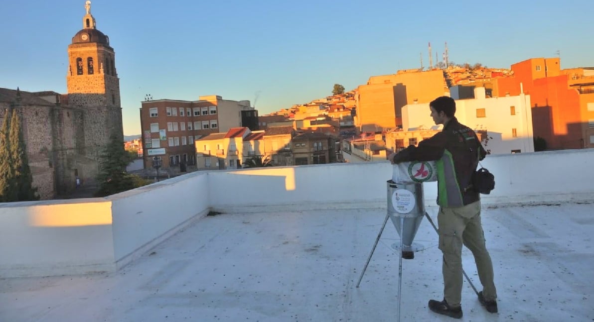 Un operario carga uno de los cebaderos con maíz anticonceptivo en Puertollano