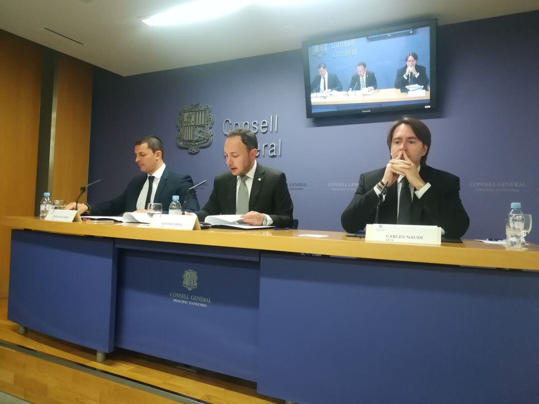 Jordi Gallardo, Xavier Espot i Carles Naudi explicant l'acord de Govern de coalició.