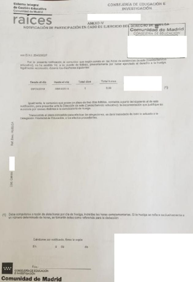 Anexo de la Consejería de Educación donde se notifica a los trabajadores de los centros educativos su participación en la huelga feminista