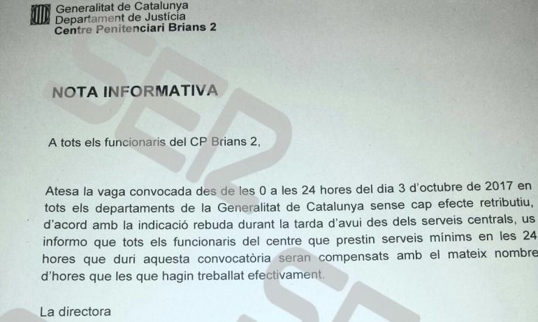 El documento al que ha tenido acceso la SER está fechado el 2 de octubre, un día antes de la jornada de huelga en protesta por las cargas policiales del 1-O.