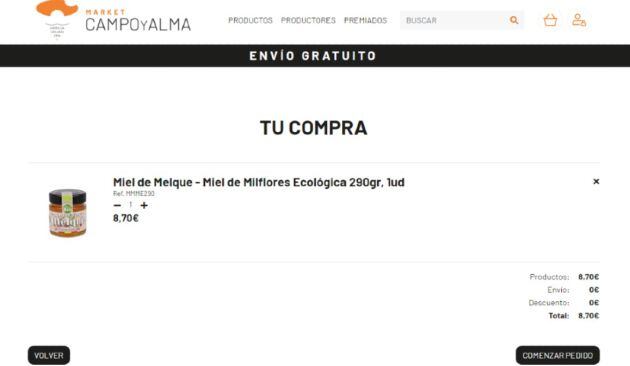 Imagen de un carrito de compra, una vez seleccionado alguno de los productos