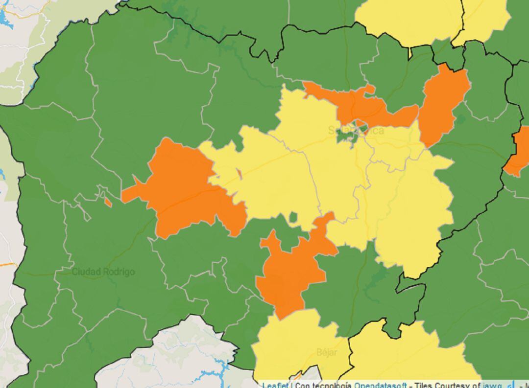 Mapa de la incidencia del coronavirus en Salamanca.