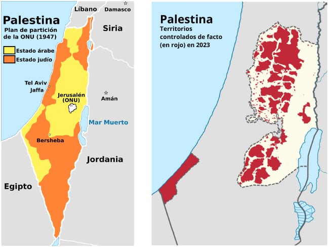 Propuesta de la ONU en 1947 vs territorio controlado por Palestina en 2023.