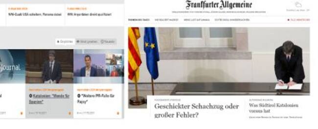 las portadas digitales del frankfurter Allgemeine y de la television zdf de Alemania sobre Cataluña
