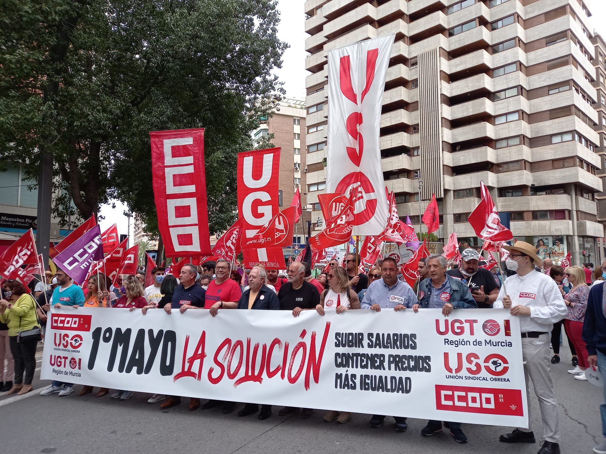Cabeza de la manifestación del Primero de Mayo en la ciudad de Murcia