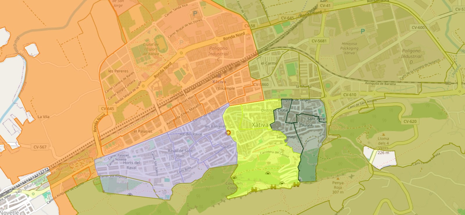 División por distritos de Xàtiva (Imagen: IES Josep de Ribera)