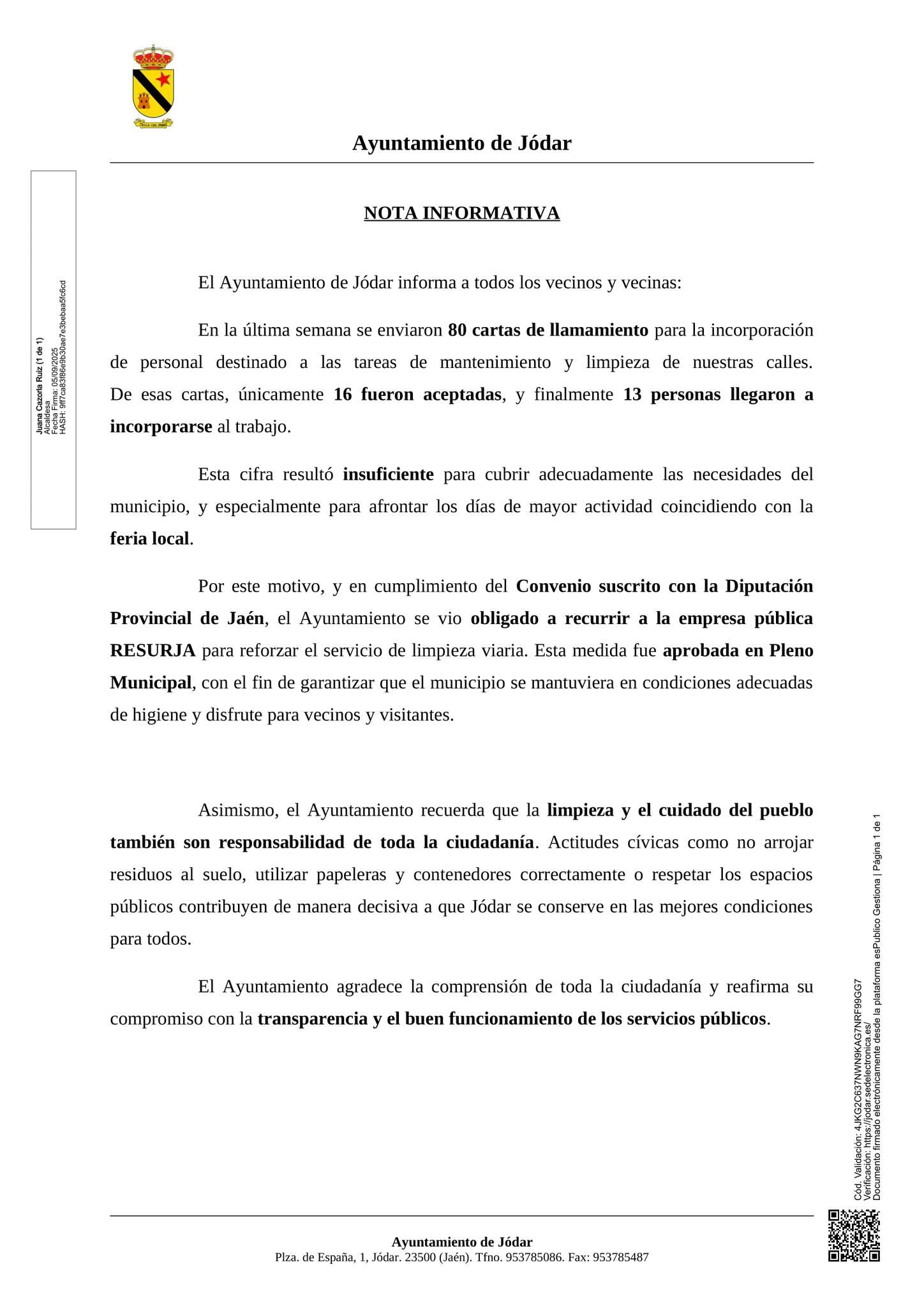 Nota informativa publicada por el Ayuntamiento de Jódar