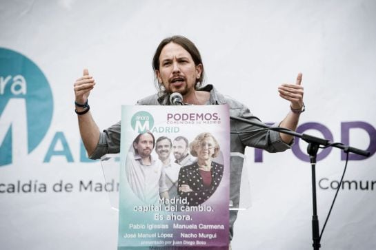 El líder de Podemos, Pablo Iglesias, durante el mitin celebrado en apoyo a Manuela Carmela.