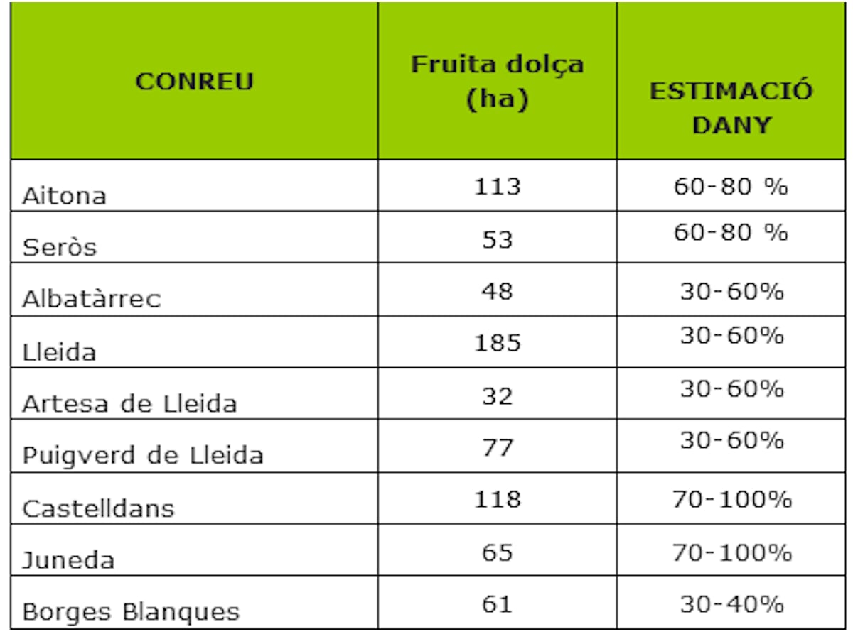 Quadre de l&#039;afectació de la pedregada a finques de fruita dolça, per municipis. Font: departament d&#039;Agricultura.