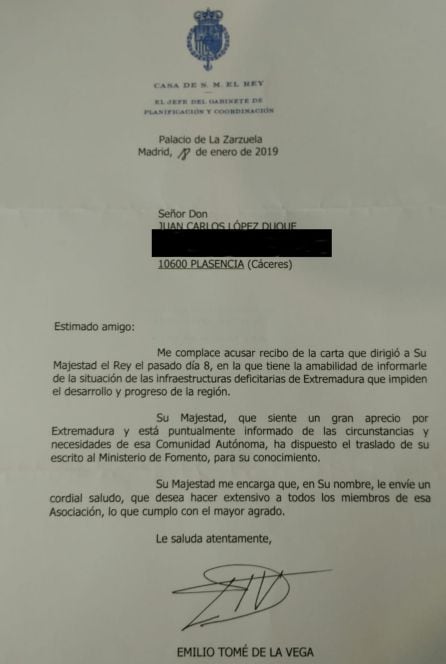 La respuesta de Casa Real a la carta remitida por la Plataforma Milana Bonita