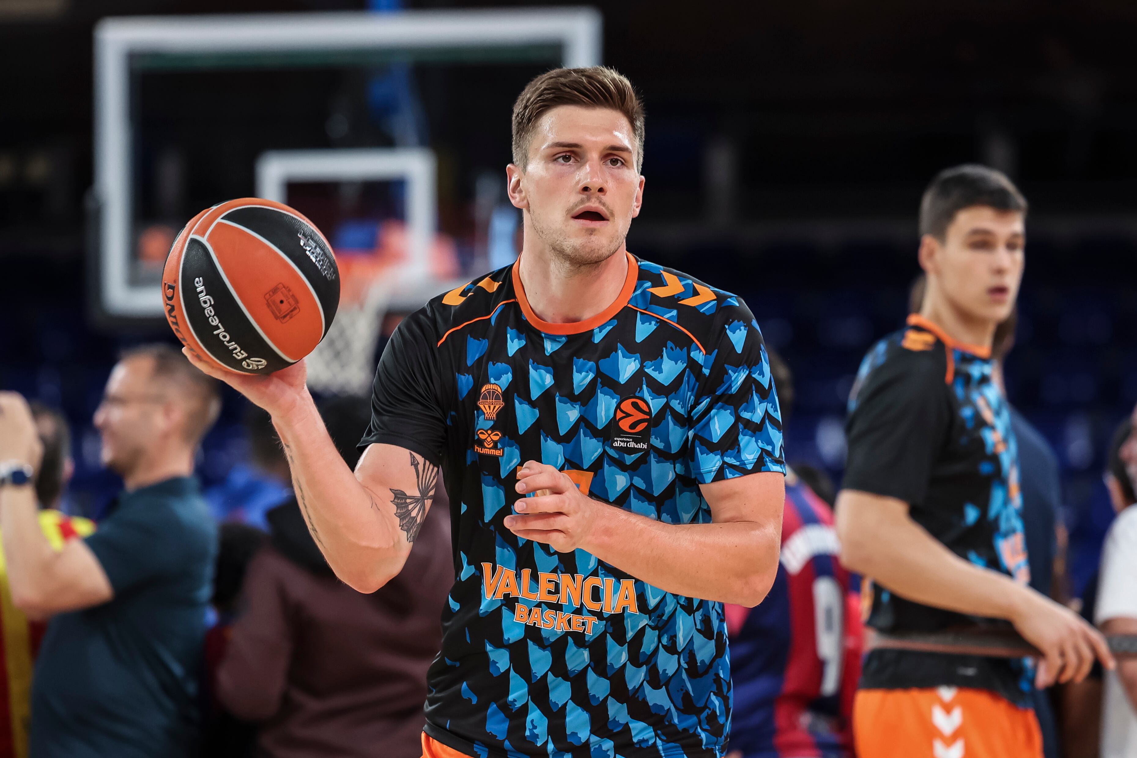BARCELONA, SPAIN - OCTOBER 10: Nate Sestina of Valencia Basket warms up during the Turkish Airlines Euroleague 2025/26 League Phase MD3, match played between FC Barcelona and Valencia Basket at Palau Blaugrana on October 10, 2025 in Barcelona, Spain. (Photo By Javier Borrego/Europa Press via Getty Images)