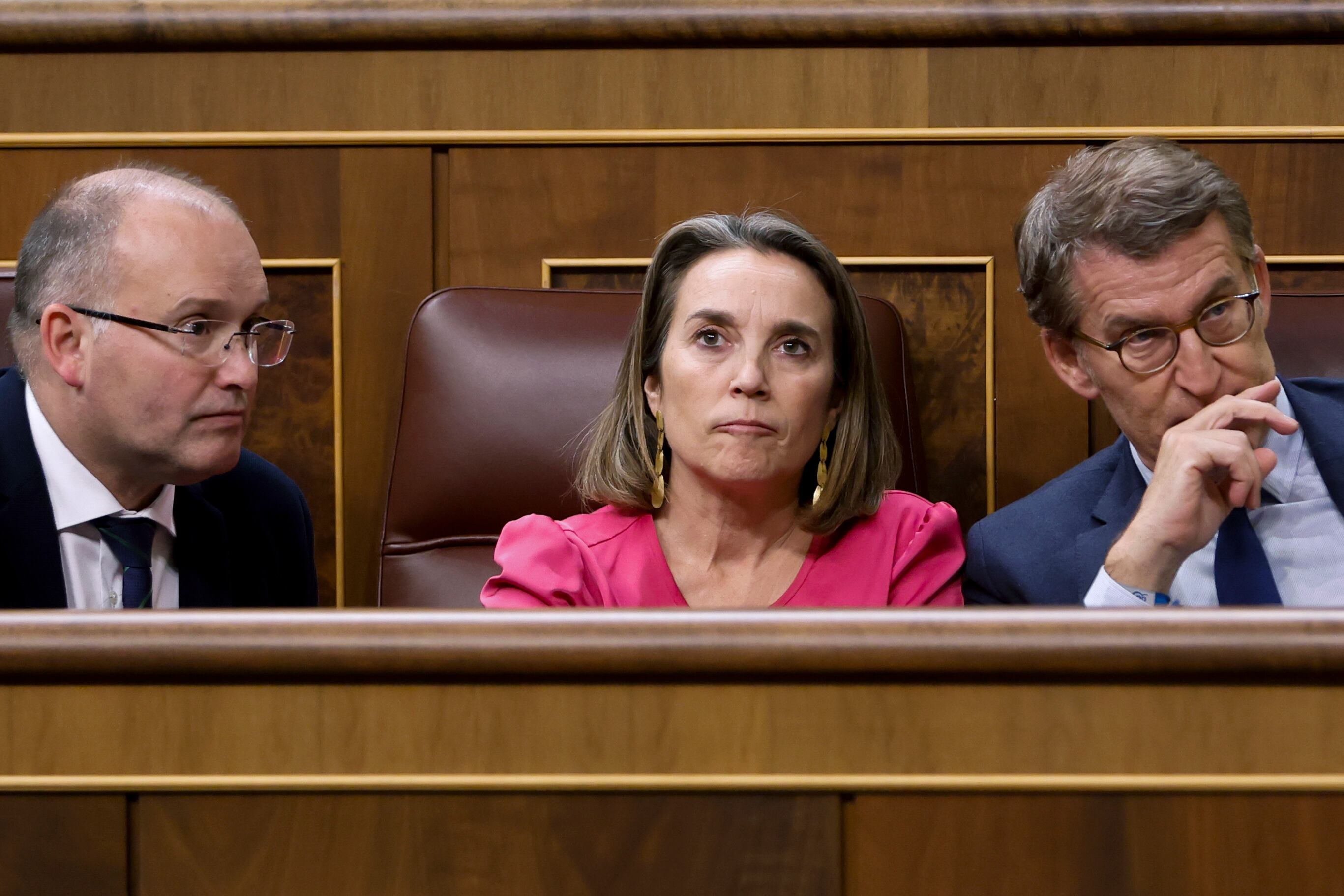 El presidente del Partido Popular, Alberto Núñez Feijóo, la secretaria general de los populares, Cuca Gamarra, y el portavoz parlamentario del PP, Miguel Tellado, durante en el pleno del Congreso de los Diputados.