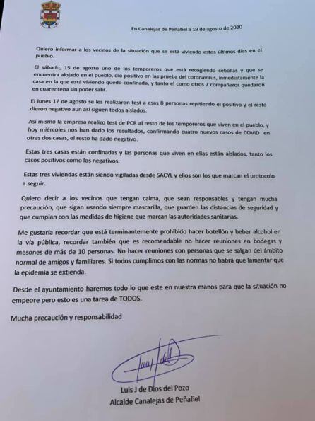 Este es el comunicado emitido por el Ayuntamiento de Canalejas de Peñafiel.