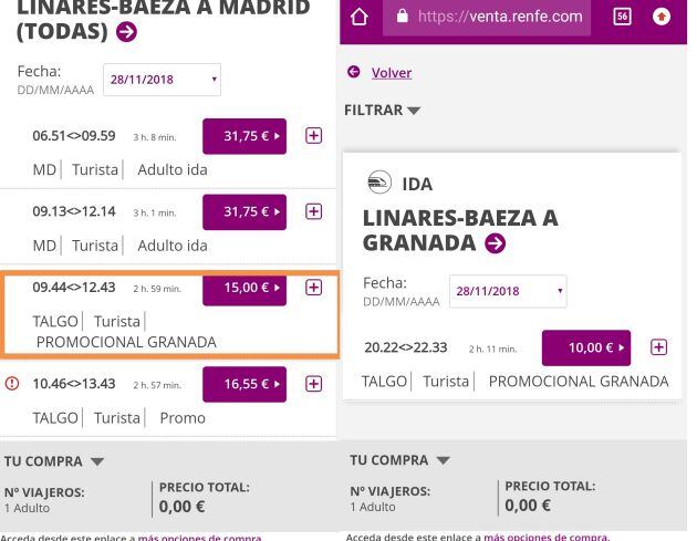 Captura de pantalla de la venta online de Renfe.