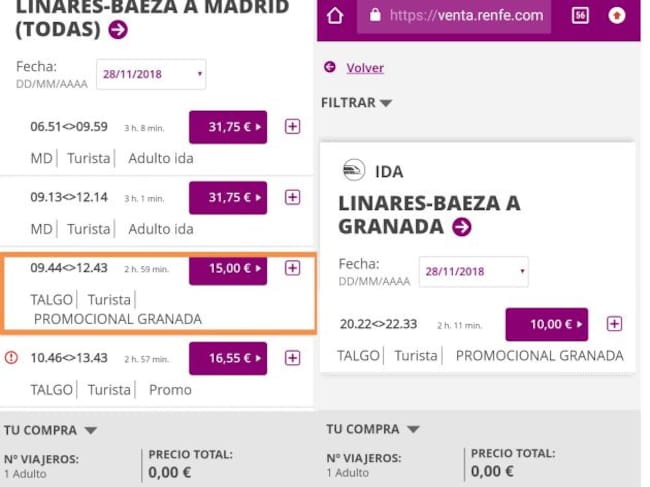 Captura de pantalla de la venta online de Renfe.