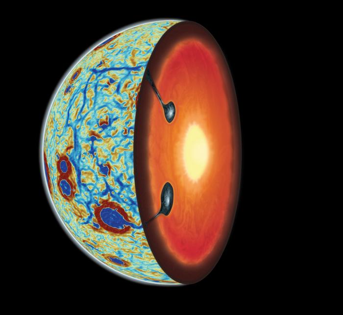 Ilustración esquemática con un mapa de gradiente gravitatorio (patrón hexagonal azul) del lado cercano lunar y una sección transversal que muestra dos surgencias acumuladas con ilmenita del vuelco del manto lunar.
CRÉDITO Adrien Broquet/Universidad de Arizona y Audrey Lasbordes