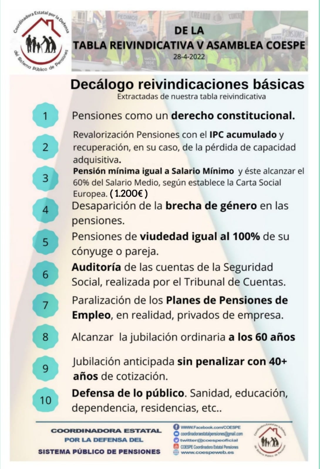 Tabla de reivindicaciones de la Coordinadora por la Defensa del Sistema Público de Pensiones de Zaragoza