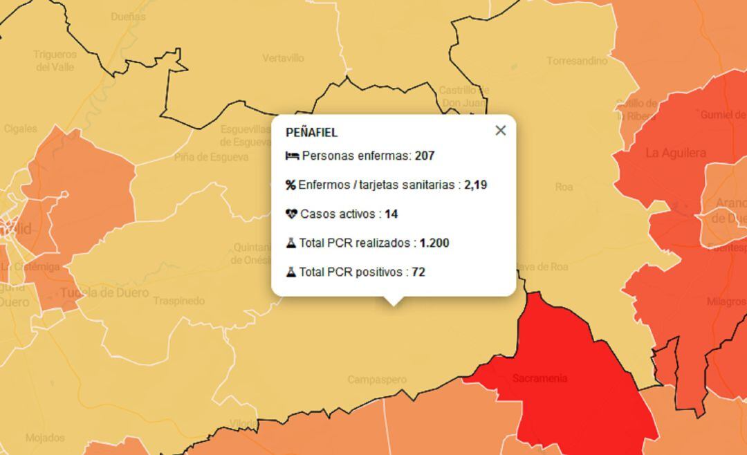 Mapa de la zona básica de salud de Peñafiel con los datos de casos activos actualizados este viernes.