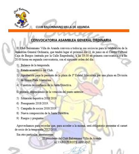 Orden del día de la Asamblea del Villa de Aranda.