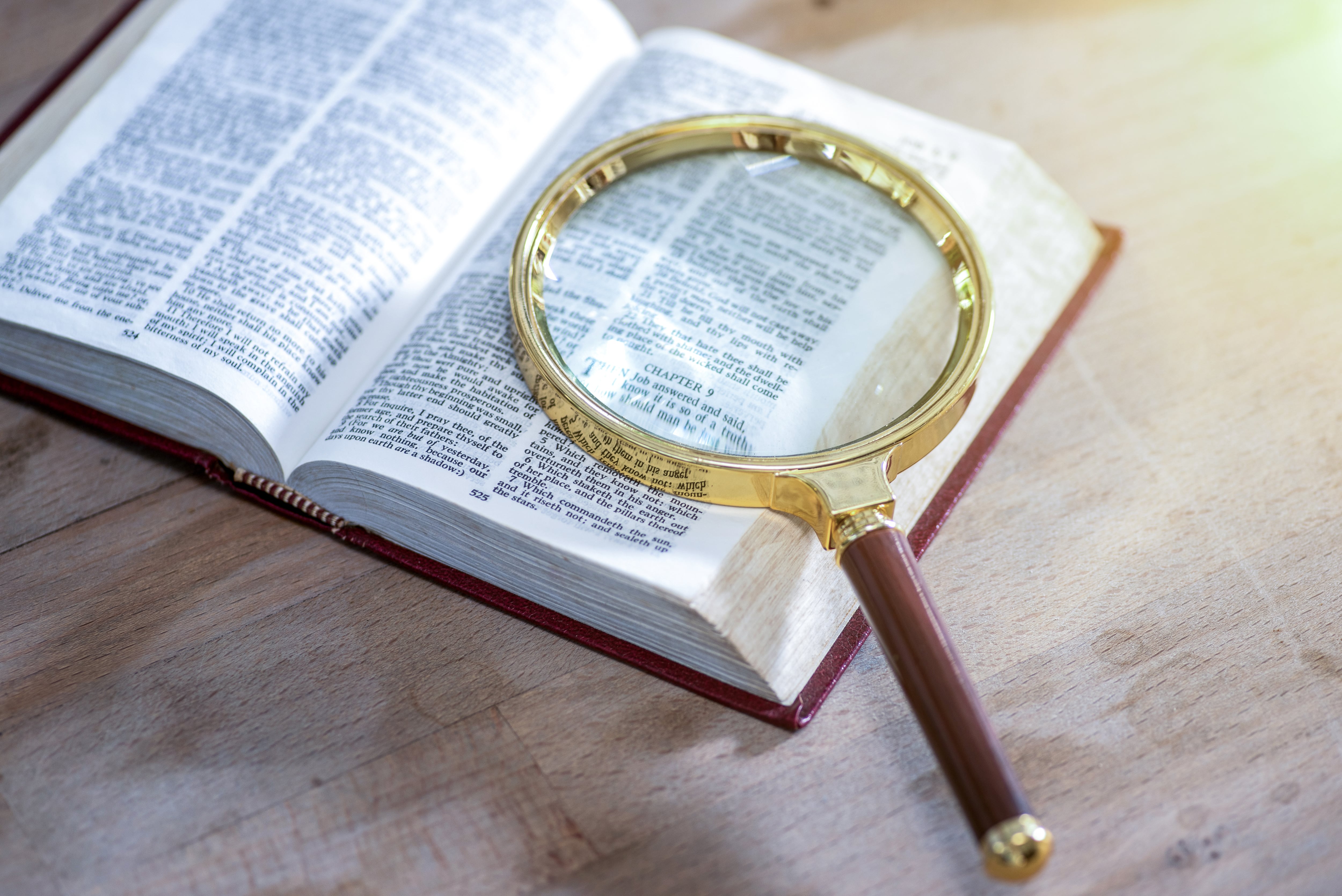 Open book and magnifying glass.