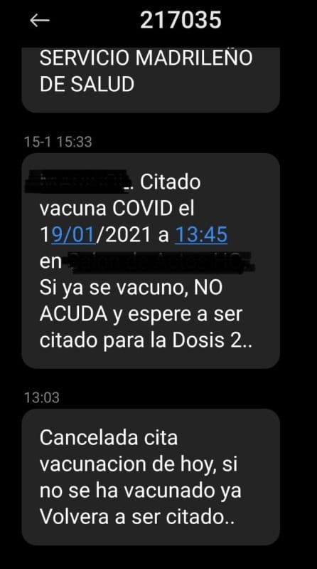 Mensaje de cancelación de la cita para la vacunación contra el COVID-19