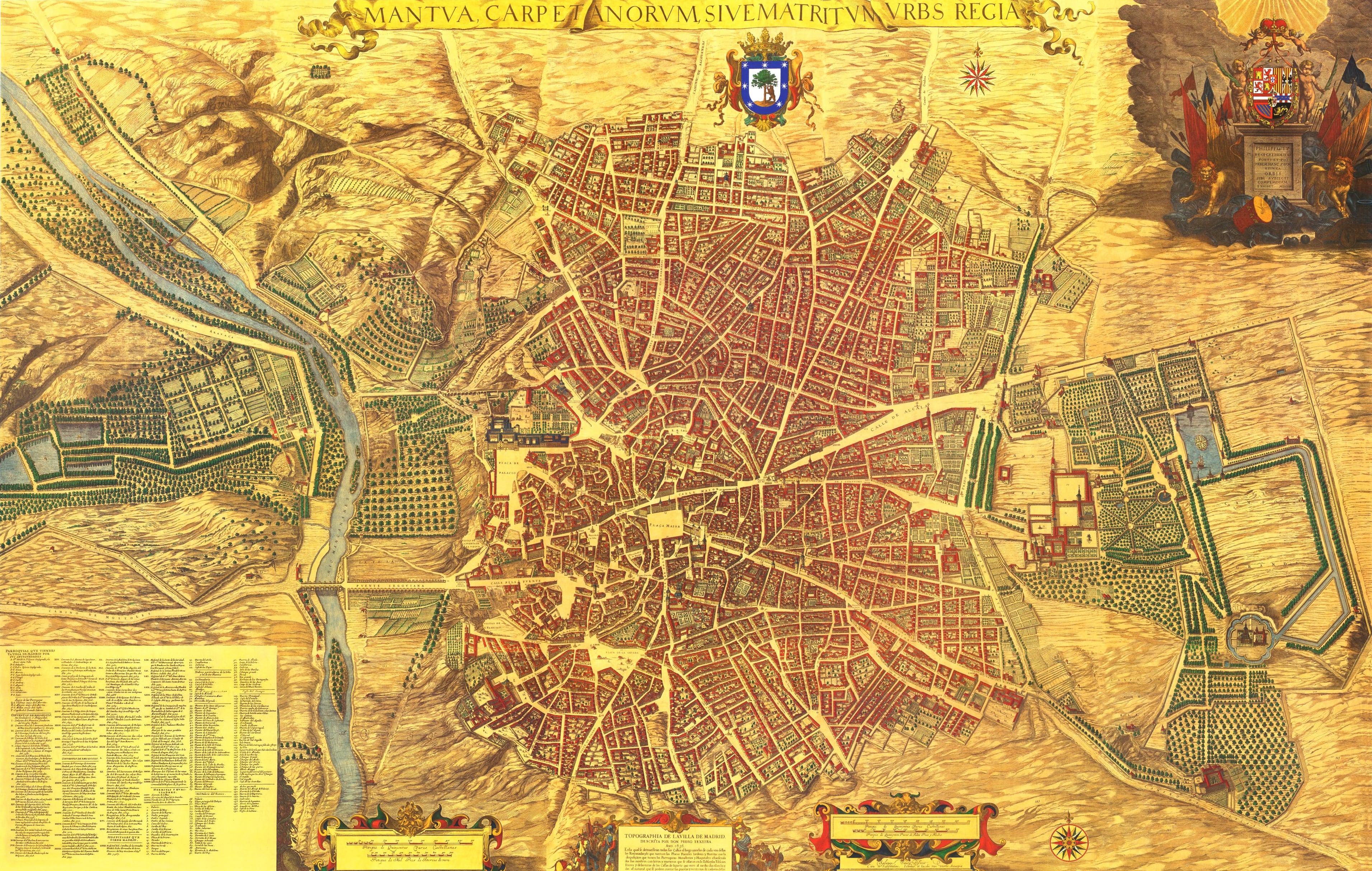 Plano de la villa de Madrid dibujado por Pedro Teixeira Albernaz en 1656, por encargo de Felipe IV de España. Se identifican sus calles, plazas y edificios, muchos señalados con sus nombres. El plano está realizado en perspectiva caballera, de sur a norte. Está grabado en 20 planchas de 45x56 cm cada una, midiendo 2,85 x 1,80 metros, a una escala de 1:1.800.