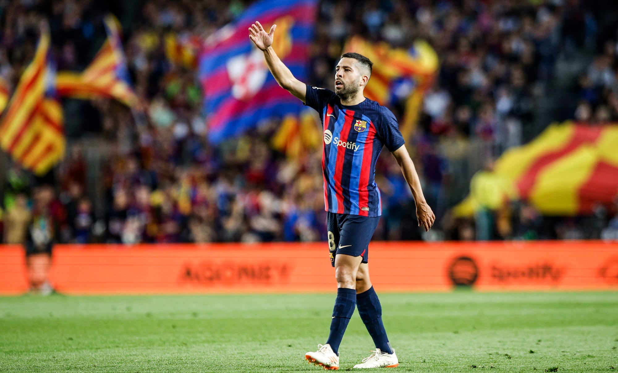 18 Jordi Alba of FC Barcelona during the Spanish La Liga match between FC Barcelona v Real Sociedad at Spotify Camp Nou in Barcelona, Spain, on May 20th, 2023. (Photo by Gongora/NurPhoto via Getty Images)