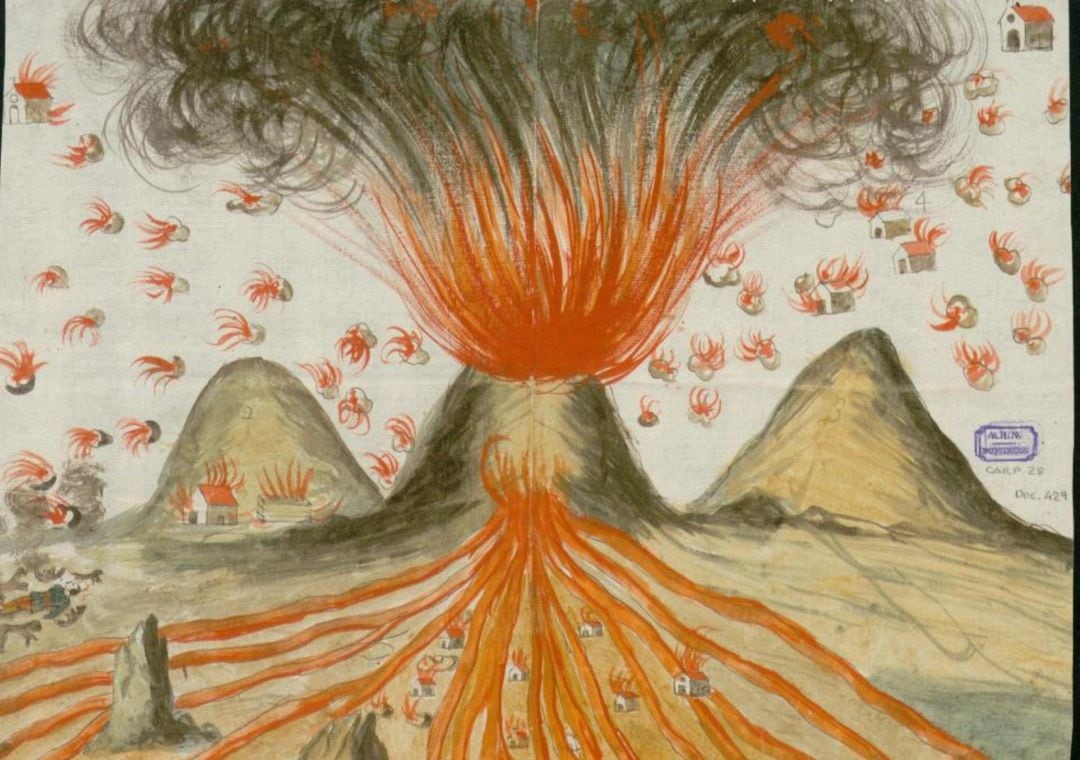 El dibujo a color que ilustra cómo fue la erupción histórica fue encargado por la Inquisición