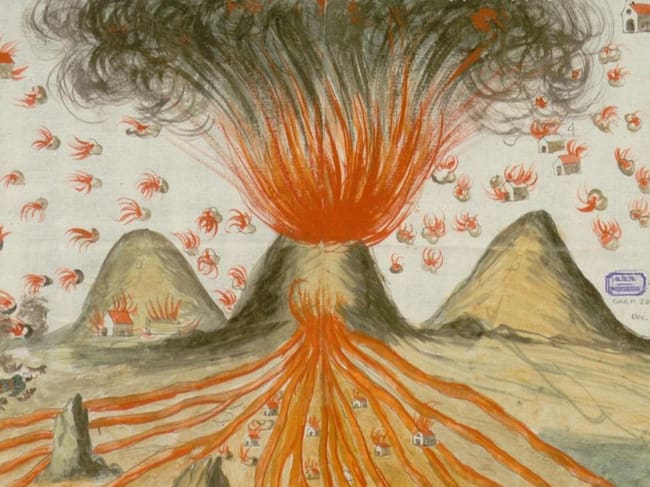 El dibujo a color que ilustra cómo fue la erupción histórica fue encargado por la Inquisición