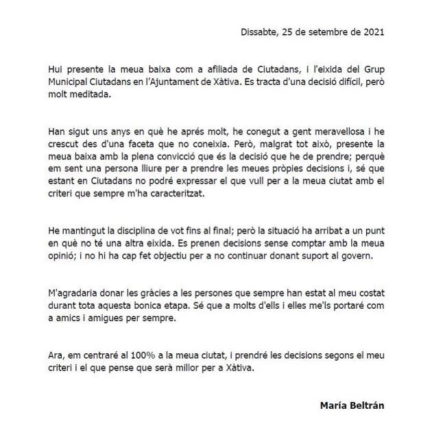 Comunicado María Beltrán