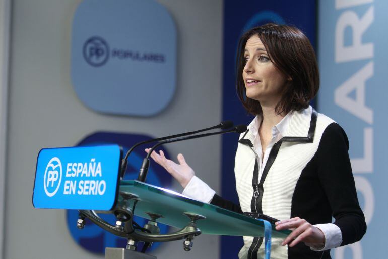 Andrea Levy, vicesecretaria de Estudios y Programas del PP, Andrea Levy, durante su comparecencia ante los medios en la sede del Partido Popular en la calle Génova.