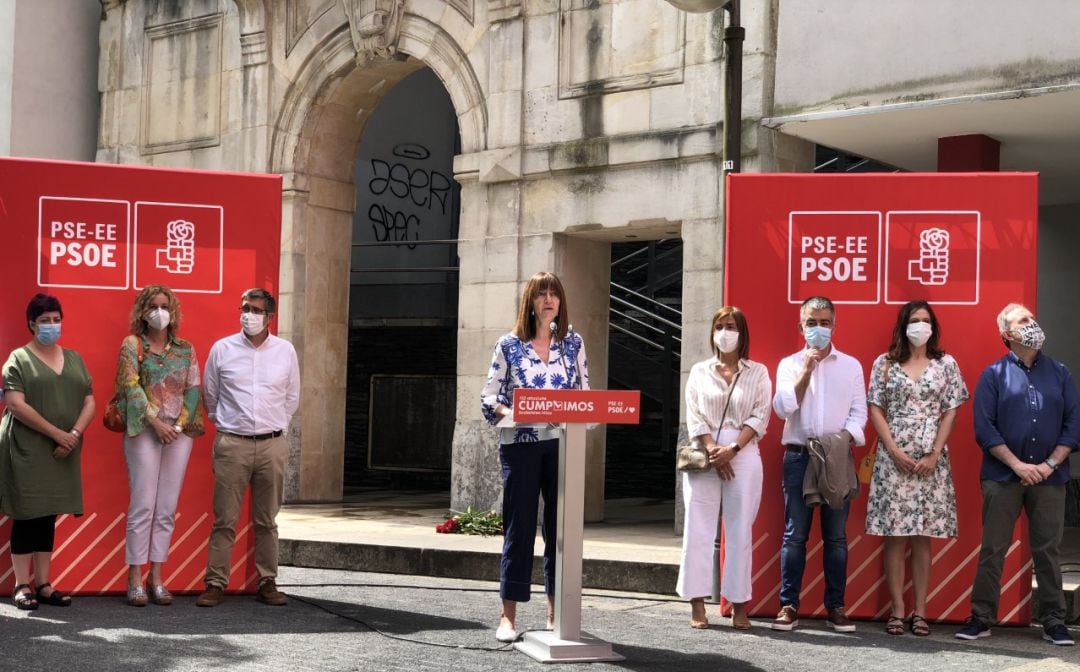 La secretaria general del PSE-EE y vicelehendakari, Idoia Mendia, en el acto celebrado en Bilbao para conmemorar los 135 años de la creación de la primera agrupación socialista en Euskadi