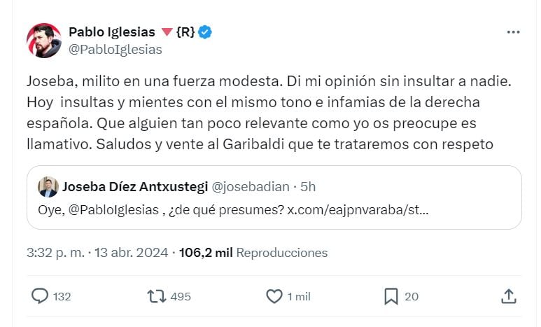 Respuesta de Pablo Iglesias a Díez Antxustegi (PNV) en X