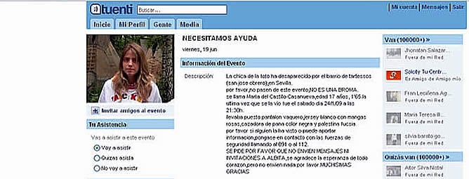 El evento creado para localizar a Marta del Castillo recibe nuevos comentarios cada pocos segundos.