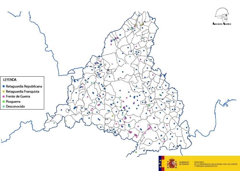 Mapa de las fosas comunes de la Comunidad de Madrid que ha clasificado la asociación científica ArqueoAntro.