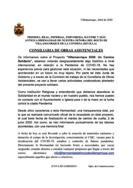 Comunicado de la Consiliaría de Obras Asistenciales de la Hermandad del Rocío de Villamanrique de la Condesa