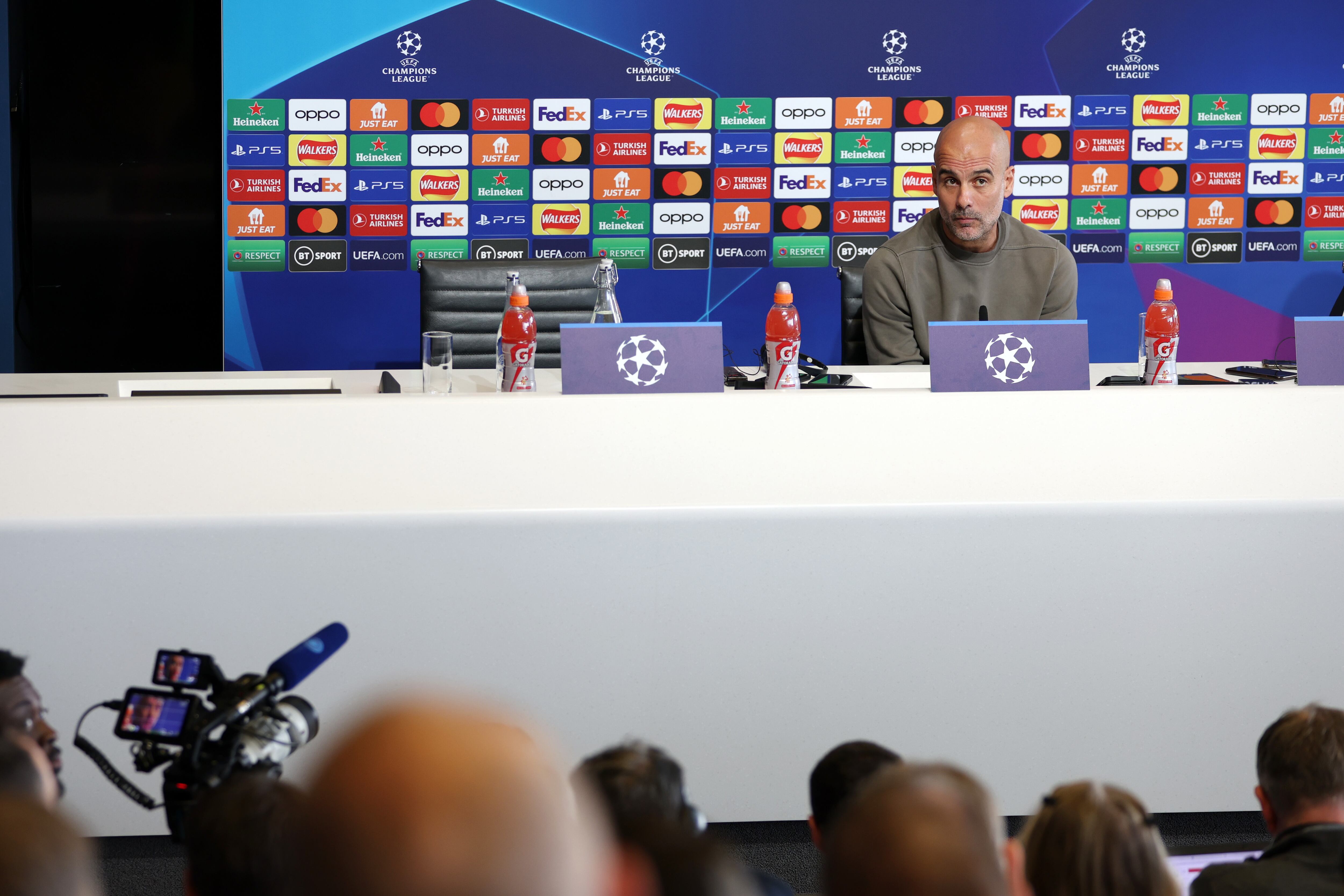 Pep Guardiola, en rueda de prensa en la previa del Manchester City-Real Madrid de Champions League