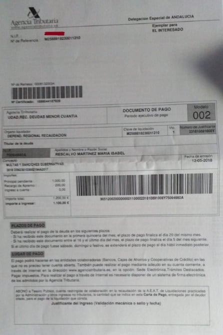 Documento por el que se exige el pago de la sanción impuesta a la portavoz, Maribel Rescalvo y para la que ahora se solicita la colaboración ciudadana.