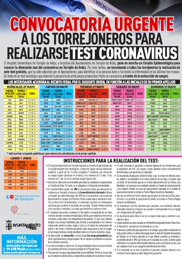 Cartel no oficial para la prueba masiva de covid-19 en Torrejón de Ardoz