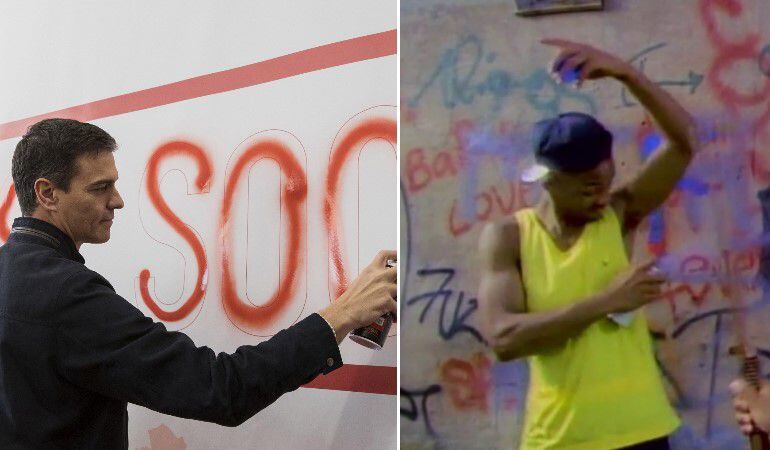 A la izquierda, el exsecretario general del PSOE Pedro Sánchez rellena con spray una pintada en Dos Hermanas (Sevilla), donde anunció que se presentará a las primarias para volver a liderar el PSOE. A la derecha, un fotograma de la cabecera de &#039;El príncip